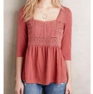 Anthropologie Cotton Crocheted 3/4 Sleeve Nosara Lace Tee by Meadow Rue Small